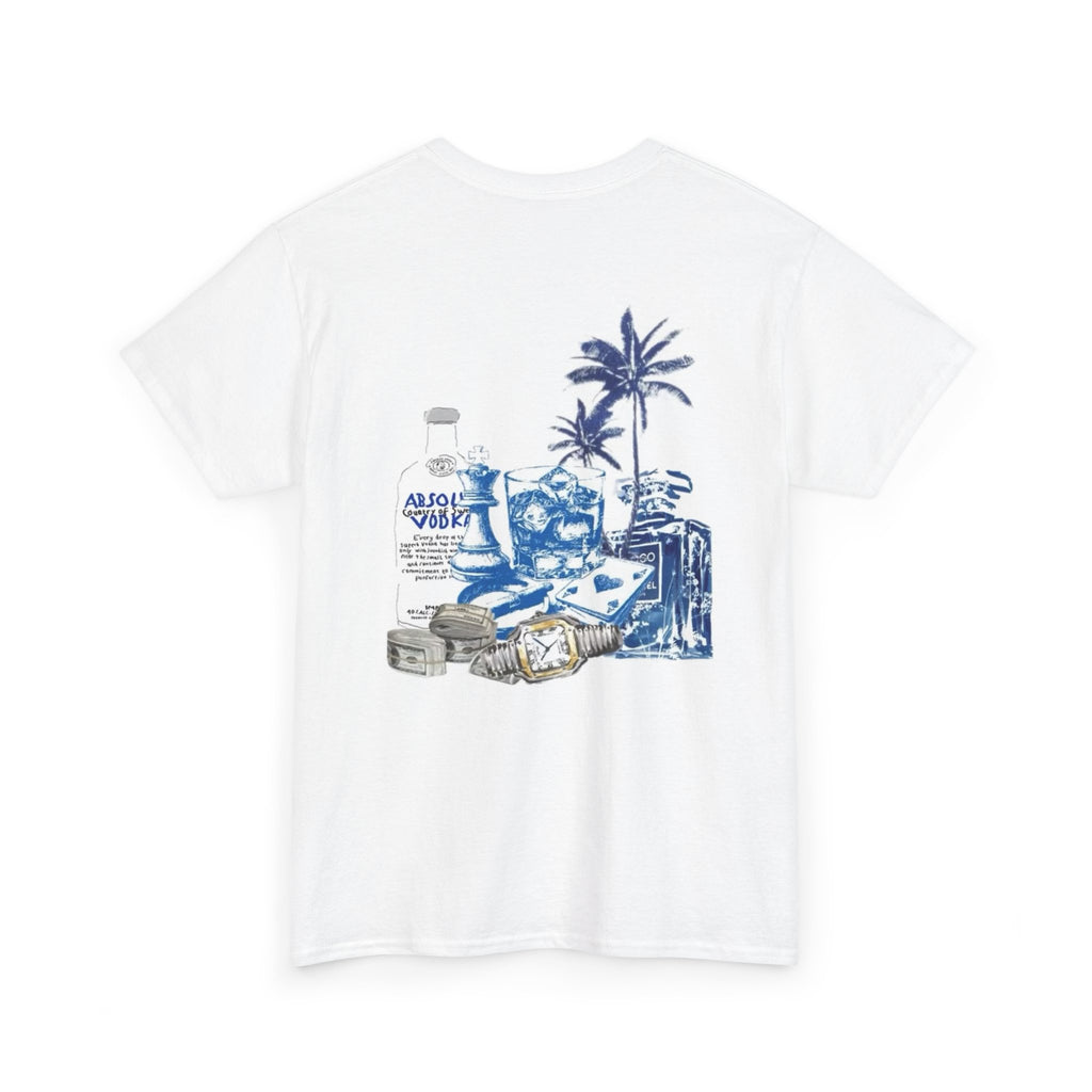T-Shirt — Tropical Beach Still Life Graphic Tee (Palm Tree, Rum Bottle & Coins)