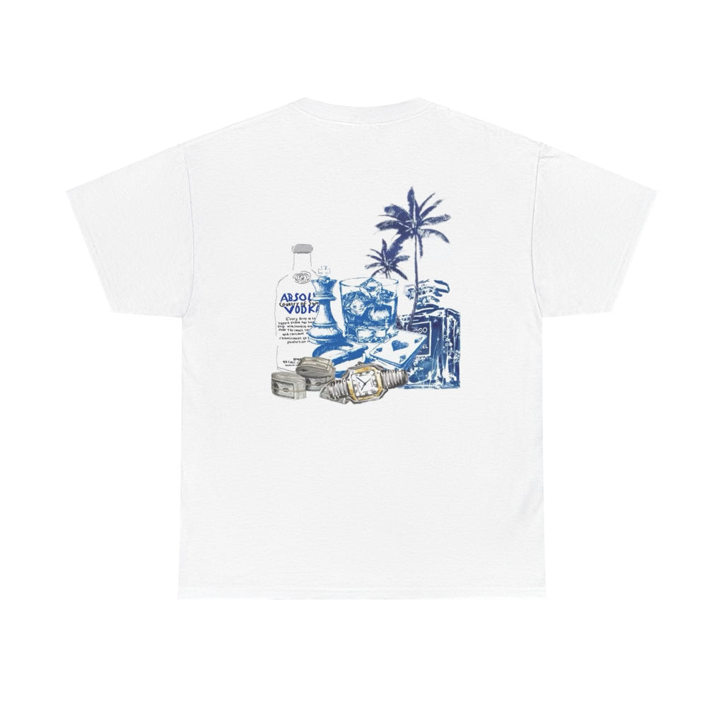 T-Shirt — Tropical Beach Still Life Graphic Tee (Palm Tree, Rum Bottle & Coins)