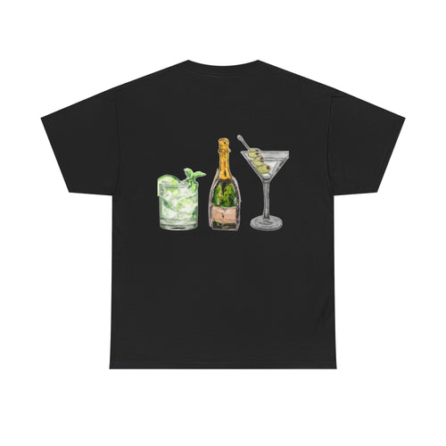 Cocktail Trio T‑Shirt — Illustrated Mojito, Champagne & Martini Tee